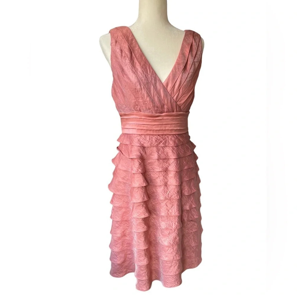 Adrianna Papell salmon/shimmering pink metallic shutter pleats tiered dress